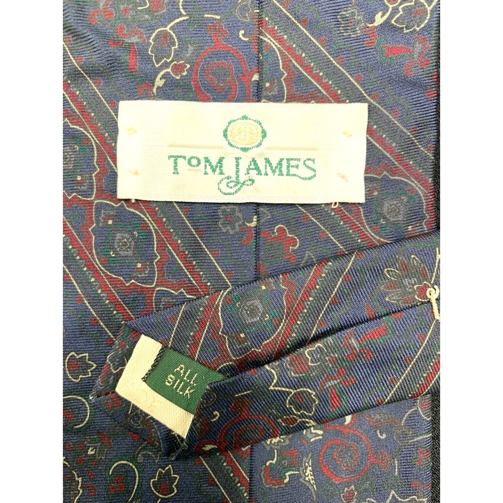 Vtg 80s 90s Tom James Silk Neck Tie Blue Red Floral Wall Art Designer Corpcore